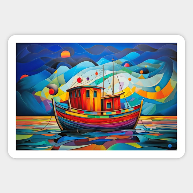 Fishing Boat Concept Abstract Colorful Scenery Painting Magnet by Cubebox